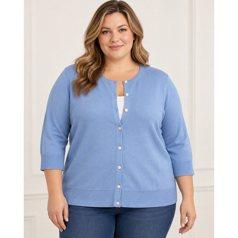 Chaps Womens 2X Carolina Blue 3/4 Sleeve Button Front Cardigan Sweater NWT - Picture 2 of 9